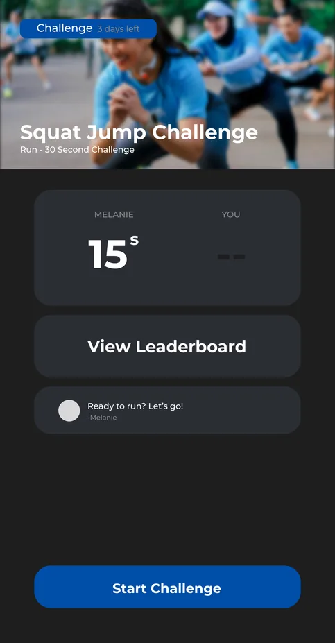 Layar tantangan di aplikasi FWM: Squat Jump Challenge, Melanie melawan kamu