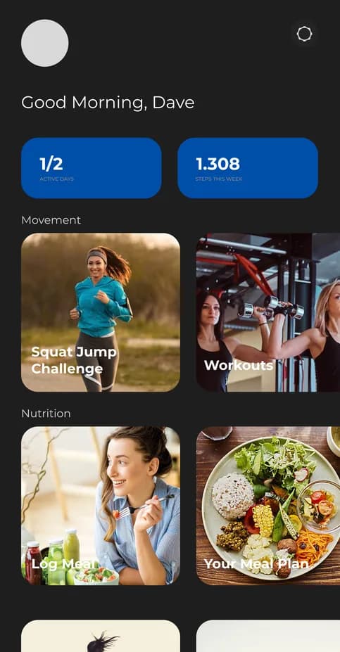 Layar utama aplikasi FWM dengan latihan, langkah, dan rencana makan